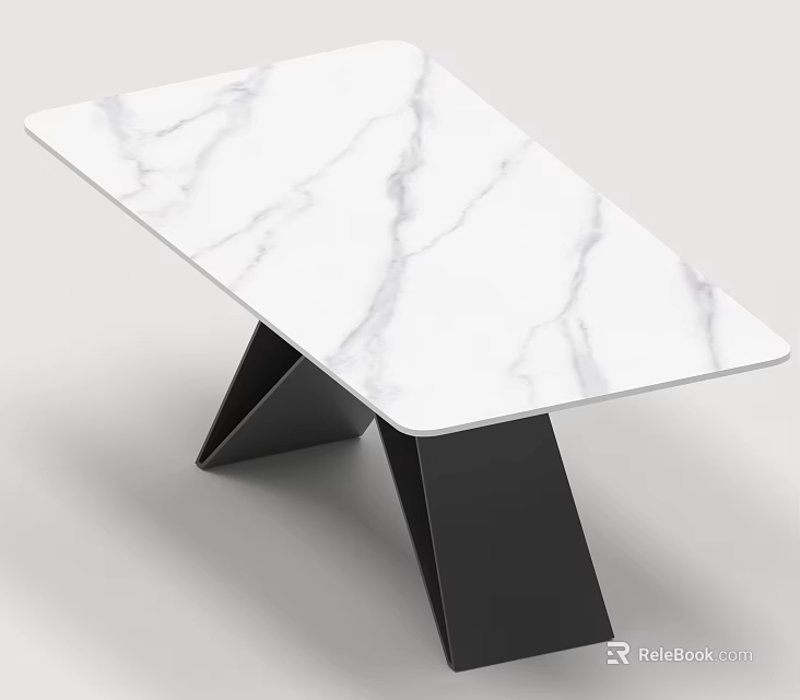 Modern Dining Table Set With White Marble Tabletop And Black Metal Legs 3d model 