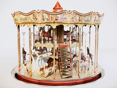 Ornate Vintage Carousel Amusement Equipment With Red Spire Top Decorative Horses And Staircase 3d model