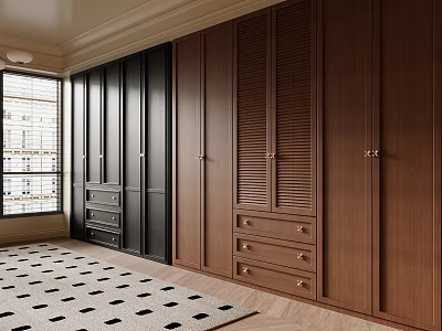 Modern Wardrobe Interior With Brown Black Louvered Doors And Drawers In Room 3d model