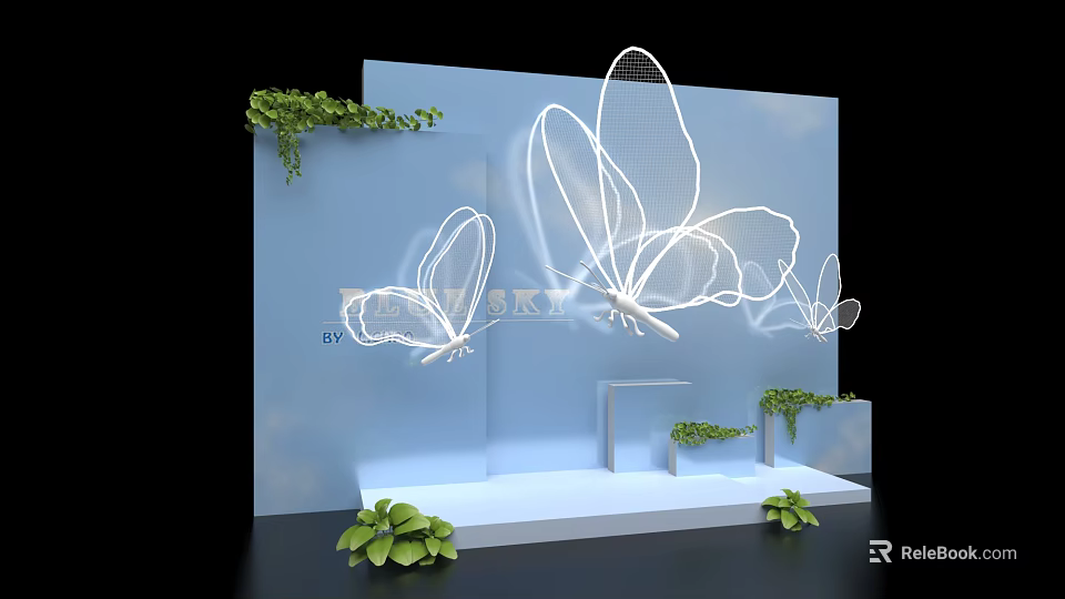 Decorative Platform Scene With Blue Background White Butterfly Outlines And Green Plants 3d model 