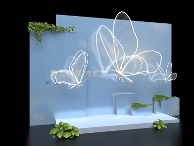 Decorative Platform Scene With Blue Background White Butterfly Outlines And Green Plants 3d model