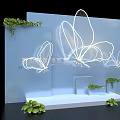 Decorative Platform Scene With Blue Background White Butterfly Outlines And Green Plants