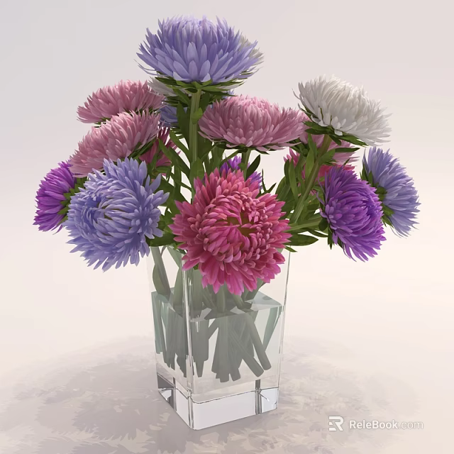 Colorful Pink Purple White Flowers In Square Transparent Glass Vase With Green Stems 3d model 