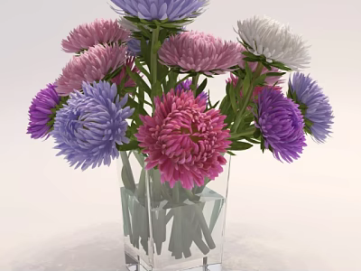 Colorful Pink Purple White Flowers In Square Transparent Glass Vase With Green Stems 3d model