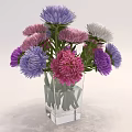 Colorful Pink Purple White Flowers In Square Transparent Glass Vase With Green Stems