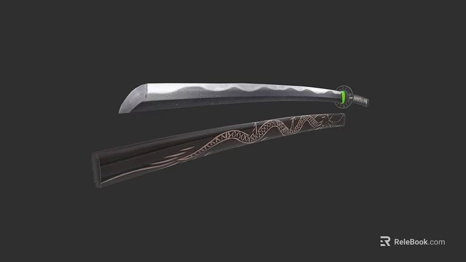 Traditional Decorative Sword With Wavy Blade Intricate Patterned Sheath And Green Handle Design 3d model 