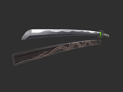 Traditional Decorative Sword With Wavy Blade Intricate Patterned Sheath And Green Handle Design 3d model