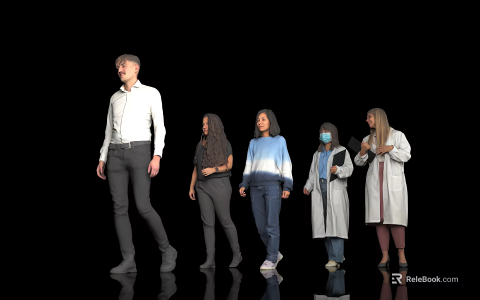 Group of People Posing in Black Background With White Shirt Lab Coat Casual Outfits 3d model 