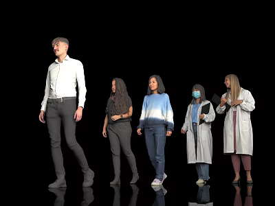 Group of People Posing in Black Background With White Shirt Lab Coat Casual Outfits 3d model