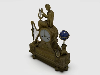 Intricate Bronze Sculpture Carving with Harp Playing Figure Mantel Clock and Blue Globe 3d model