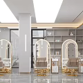 Elegant Modern Beauty Hair Salon Interior With Arched Mirrors Golden Chairs And Lighting Fixtures