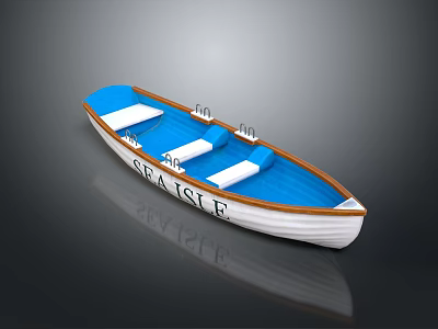 Traditional Wooden Boat With Blue White Hull Seats And Seas Isle Design On Wooden Edges 3d model