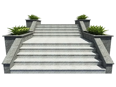 Outdoor Stone Staircase with Green Plants in Side Planters and Tiered Steps 3d model