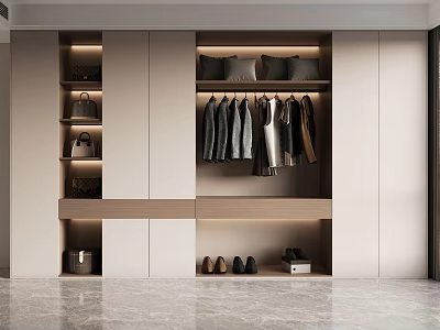 Modern Wardrobe Interior Design With Hanging Clothes Bags Shoes And Storage Shelves 3d model