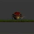 Green Grass Field With Copper Pot And Claw Like Structures On Red Ground