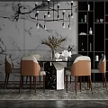 Modern Dining Table Set With Beige Chairs Chandelier And Marble Wall 3d model