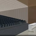 Spacious Conference Room Interior Design With Rows Of Blue Seats And Wooden Walls