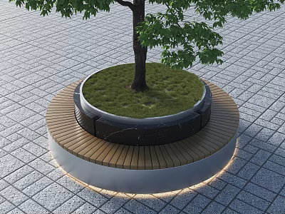 Round Outdoor Wooden Bench Under Tree with Grass Around Trunk on Paved Ground 3d model