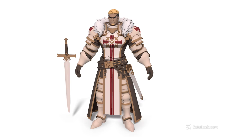 Fantasy Game Character With Golden Hair Cross Armor And Long Sword In Robe 3d model 