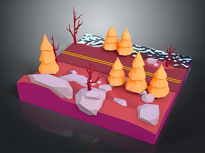 Cartoon Winter Scene With Orange Trees Snowy Rocks And Red Path 3d model