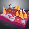 Cartoon Winter Scene With Orange Trees Snowy Rocks And Red Path