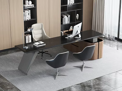 Modern Office Desk and Chair Set with Beige Office Chair Gray Chairs Bookshelves and Rug 3d model