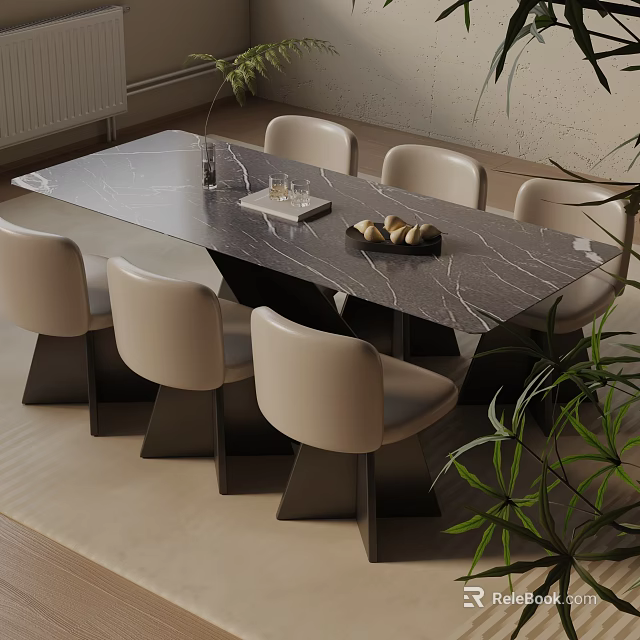 Modern Marble Top Dining Table Set With Light Chairs And Green Plants 3d model 