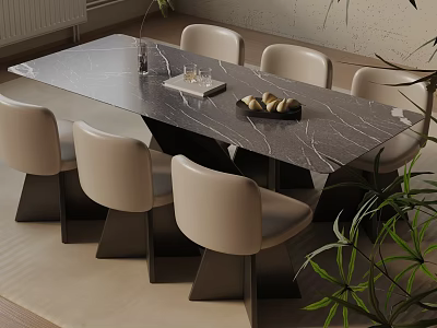 Modern Marble Top Dining Table Set With Light Chairs And Green Plants 3d model