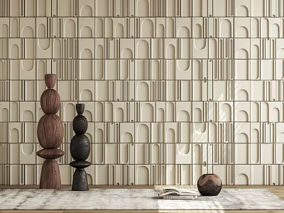 Beige Geometric Patterned Background Wall with Wooden Black Sculptures Brown Ornament Rug and Book 3d model
