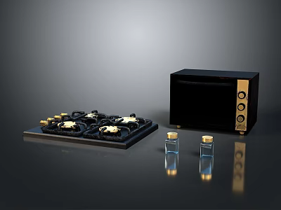 Modern Black Kitchen Appliances With Gas Stove Microwave Oven And Gold Accents 3d model