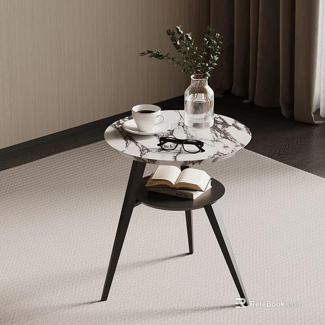 Round Marble Top Side Table With Shelf Book Coffee Cup And Green Plant 3d model 