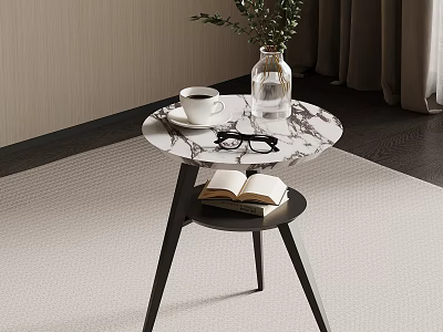 Round Marble Top Side Table With Shelf Book Coffee Cup And Green Plant 3d model