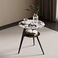 Round Marble Top Side Table With Shelf Book Coffee Cup And Green Plant