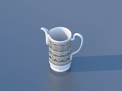 White Ceramic Pitcher With Intricate Patterned Design And Handle On Blue Surface 3d model