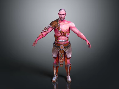Muscular Shirtless Red Skinned Fantasy Character With Shoulder Armor Waist And Leg Guards 3d model