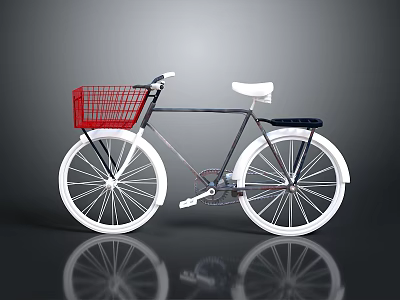 Classic Bicycle With Red Shopping Basket White Seat And White Wheels 3d model