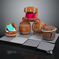 Decorative Ornament Set With Orange Figurine Wooden Barrels Blue Cushioned Seat And Rope Wrapped Barrel