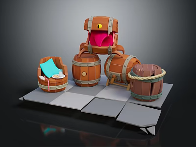 Decorative Ornament Set With Orange Figurine Wooden Barrels Blue Cushioned Seat And Rope Wrapped Barrel 3d model