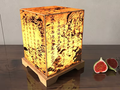 Square Table Lamp With Calligraphy Characters Warm Light Wooden Base And Fresh Figs 3d model
