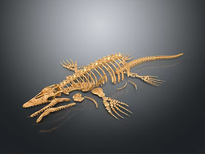 Golden Prehistoric Reptile Skeleton with Detailed Anatomical Structure 3d model
