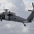 Military Helicopter Flying High in Cloudy Sky With Rotating Rotors And Aerial Equipment