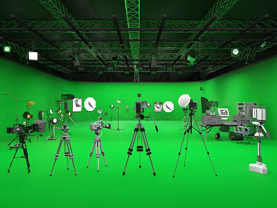 Green Screen Studio Setup With Professional Photography Equipment Tripods Lighting And Cameras 3d model