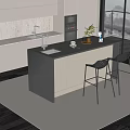 Modern Kitchen Bar Counter With White Cabinets Two Black Stools And Large Window 3d model