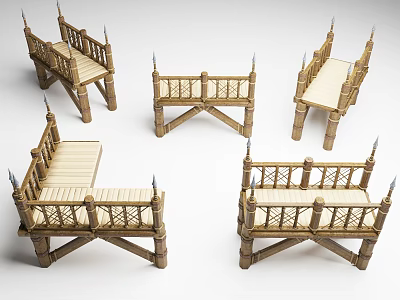 Multiple Detailed Wooden Bridge Components With Railing And Spiked Decorations 3d model