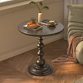 Elegant Black Round Side Table with Vase Coffee Cup Tray beside Green Sofa