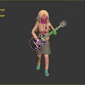 Child With Pink Hair Playing Black Electric Guitar In Pink Top And Gray Skirt