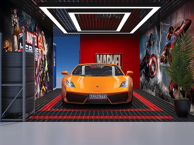 Car Dealership Showroom With Orange Sports Car Marvel Murals Red Blue Walls And Green Plant 3d model