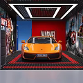Car Dealership Showroom With Orange Sports Car Marvel Murals Red Blue Walls And Green Plant