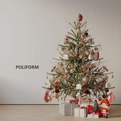 Poliform Christmas Tree Potted Plant Decorated With Gold Red Ornaments And Socks 3d model