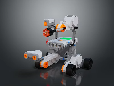 White And Orange Lego Robot Toy With Green Details Mechanical Arm And Wheels 3d model